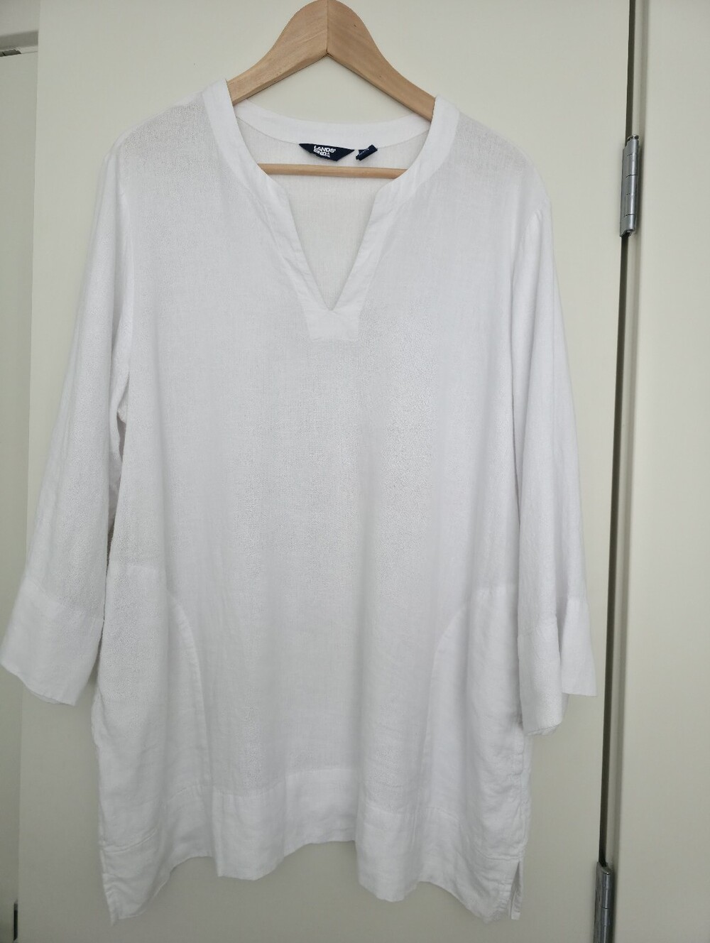 Lands' End White Linen Blend V-Neck Long Tunic